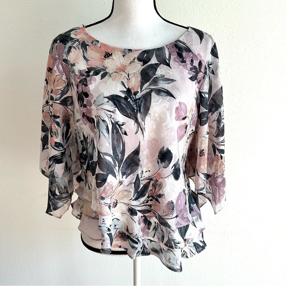 Alex Evenings Chiffon Blouse Petite Size MP Pink Floral Party Wedding Guest